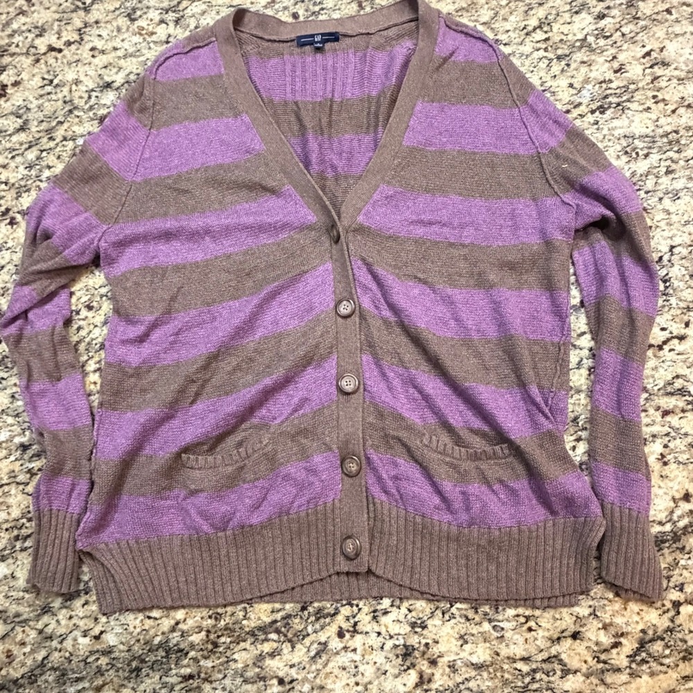 Vintage Gap Womens L Brown Purple Striped Alpaca Blend Button Front Cardigan v